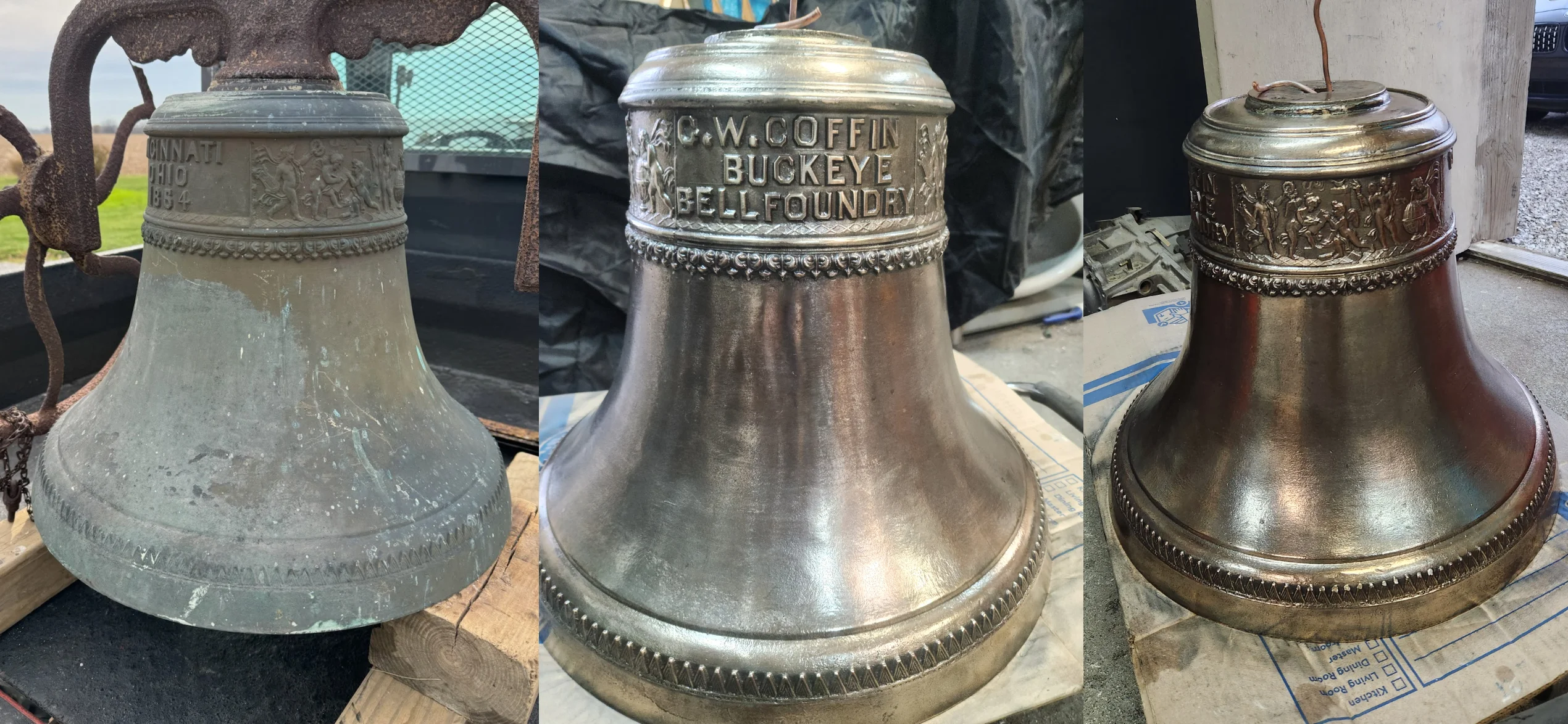 Before and after restoration of a historic bronze bell, showing heavy patina removed to reveal detailed foundry engraving