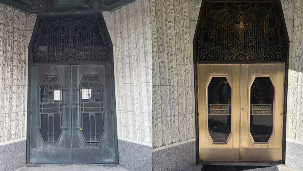 Before and after restoration of brass entry doors with ornate grille, restored to original golden finish.