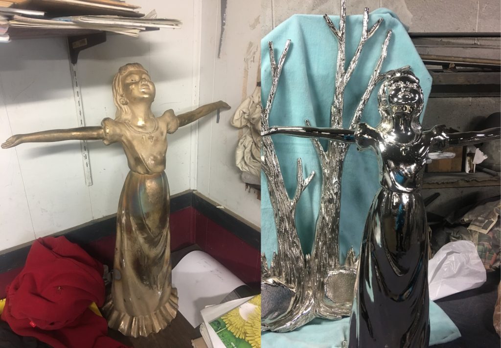 Side-by-side photo of a statue before and after restoration—left side shows a tarnished gold-tone surface, right side shows a mirror-polished chrome-like finish with a sculpted tree backdrop.