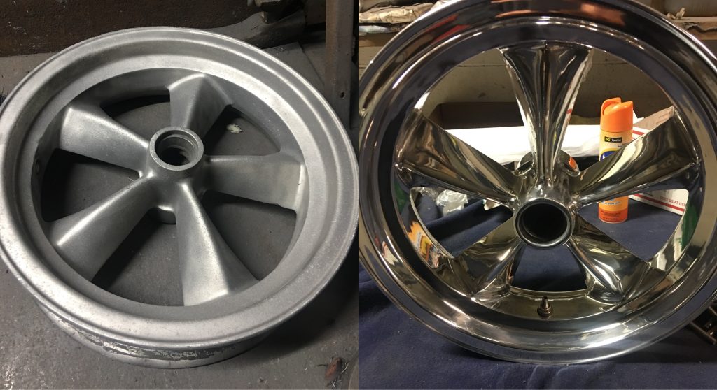 Side-by-side image of a metal wheel before and after restoration—left side unpolished and matte; right side fully restored with a bright, reflective chrome finish.